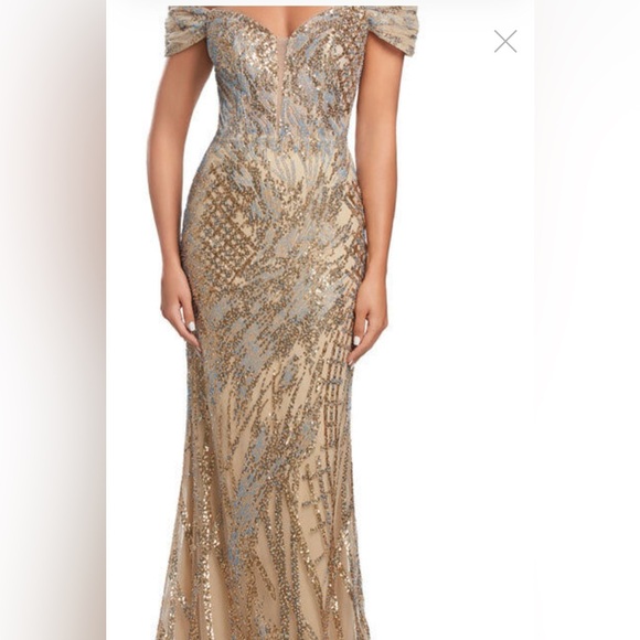 Elegant Gold Off-Shoulder Wedding Dress - Picture 3 of 13